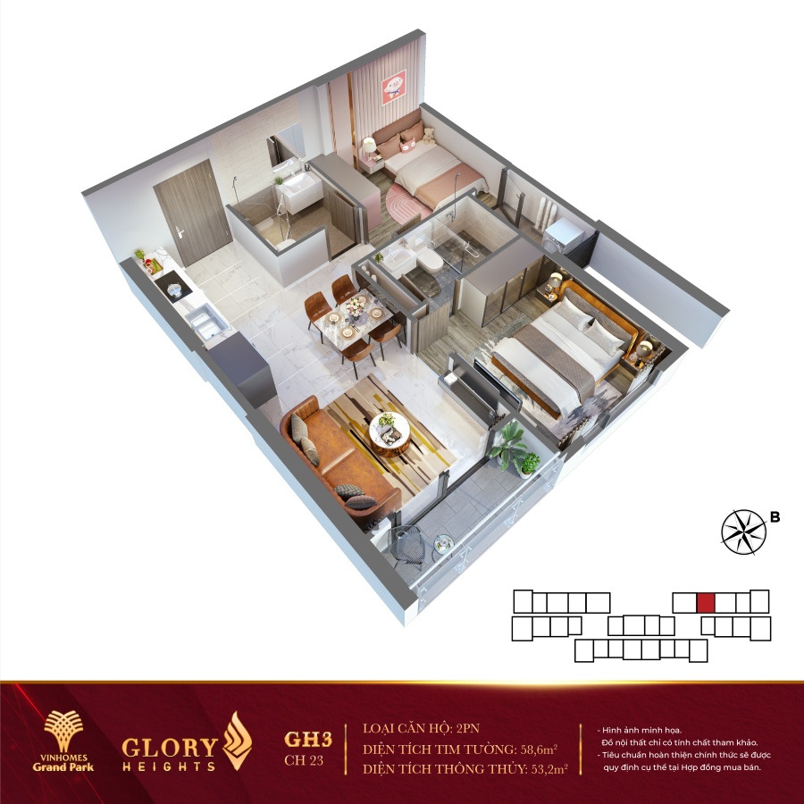 Layout căn hộ 2PN diện tích từ 58,3m2 - 69,2m2