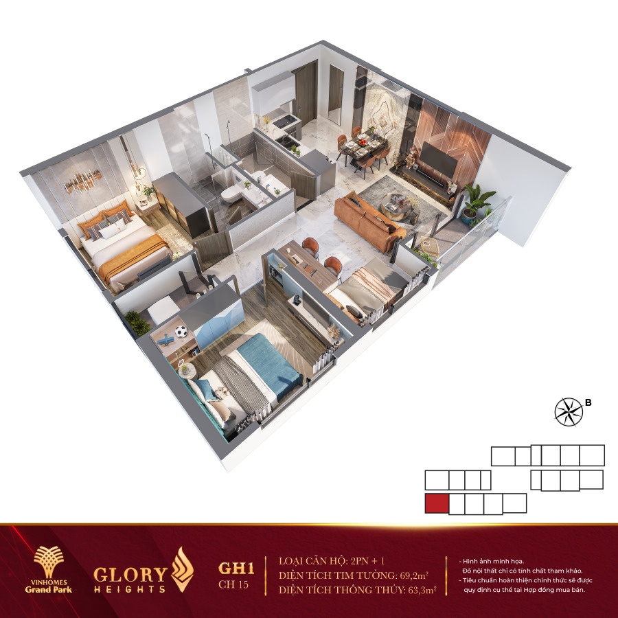 Layout Glory Heights căn hộ 2PN +1 diện tích 69,2m2 - 70,4m2