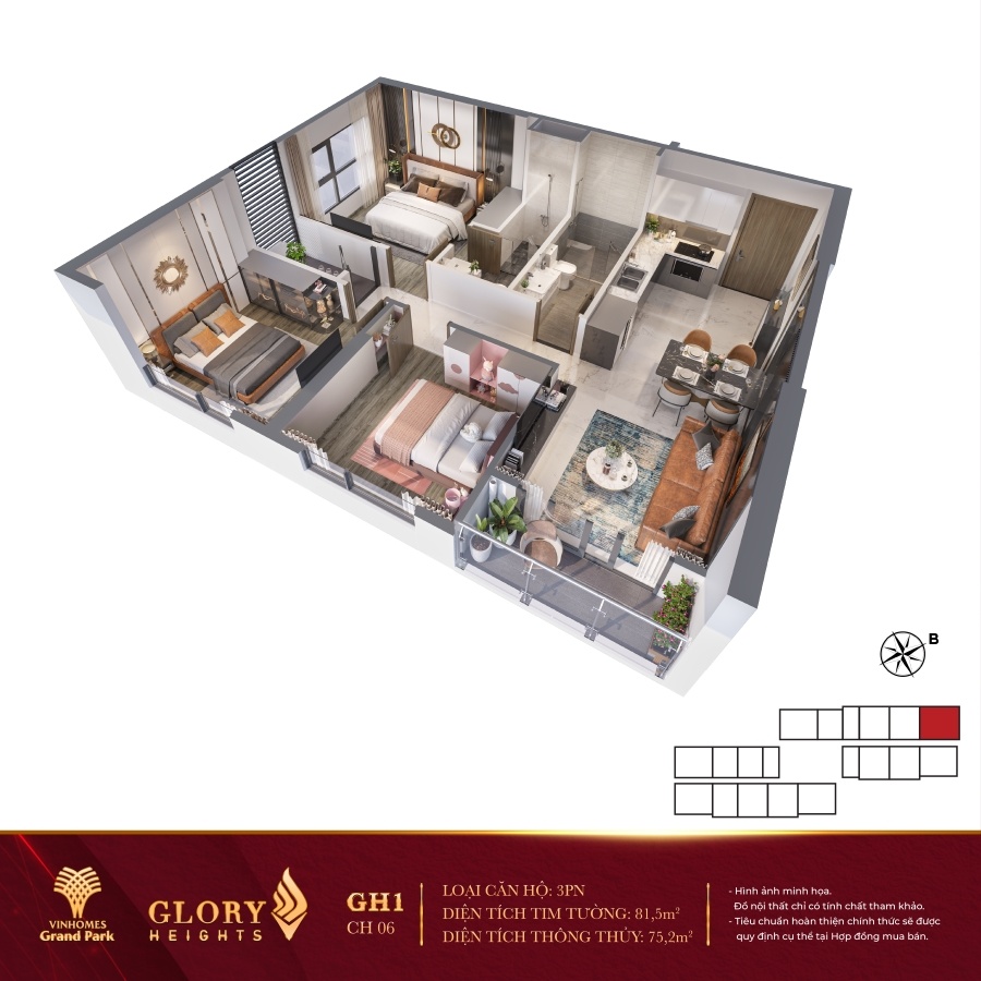 Layout căn hộ 3PN diện tích 81,2m2 - 103,3m2