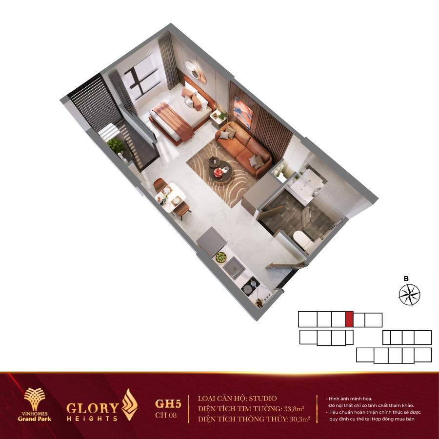 Layout Glory Height căn hộ Studio 27m2 - 39,4m2