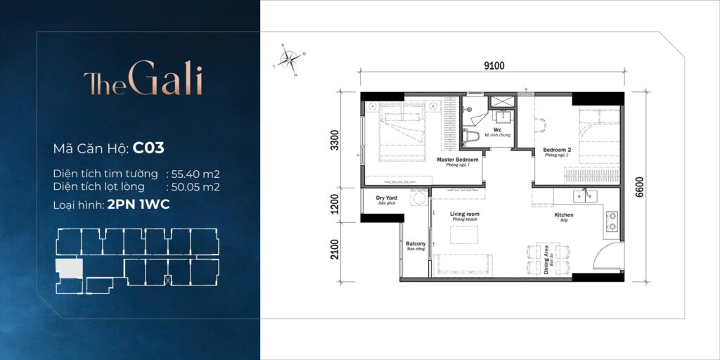 Thiết kế căn hộ 2PN 1WC The Gali