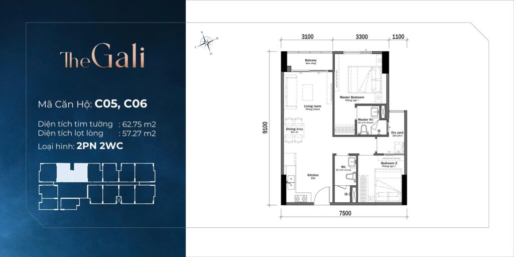 Thiết kế căn hộ 2PN 2WC diện tích 62,75m2 tại Tháp The Gali