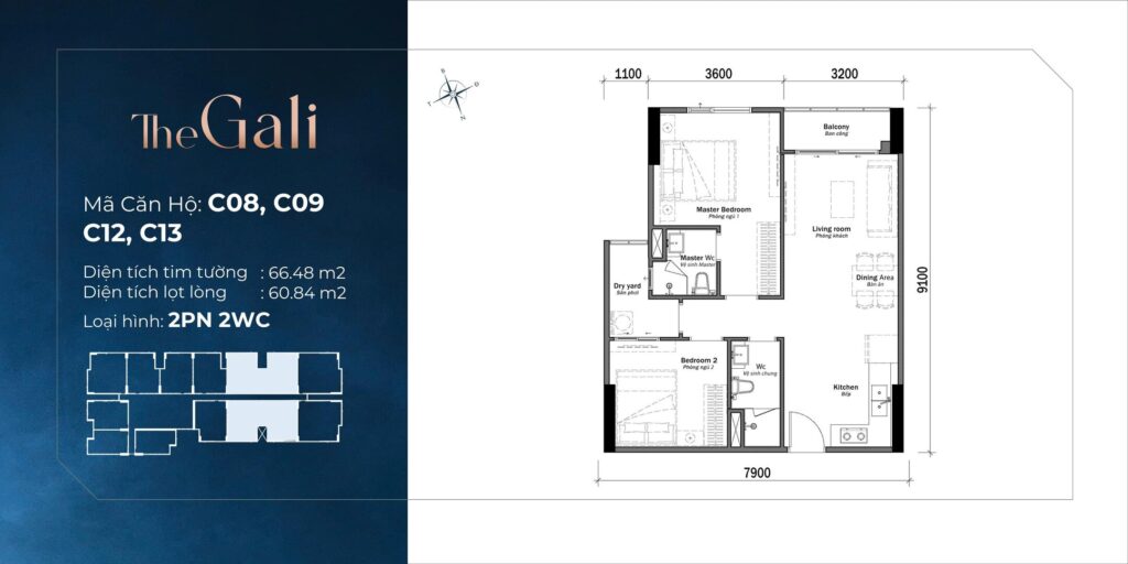 Thiết kế căn hộ 2PN 2WC diện tích 66,48m2