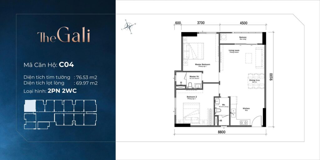 Thiết kế căn hộ 2PN 2WC diện tích 76,53m2