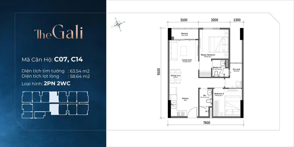 Thiết kế căn hộ 2PN 2WC diện tích 63,54m2