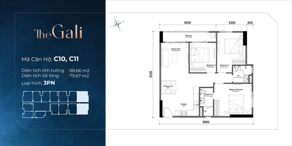 Layout căn hộ 3PN tháp The Gali dự án Khải Hoàn Prime 
